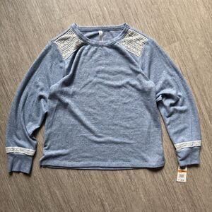 Flora Nikrooz Pajama Top NWT Long Sleeve Heather Blue Lace Accent Cozy Soft S